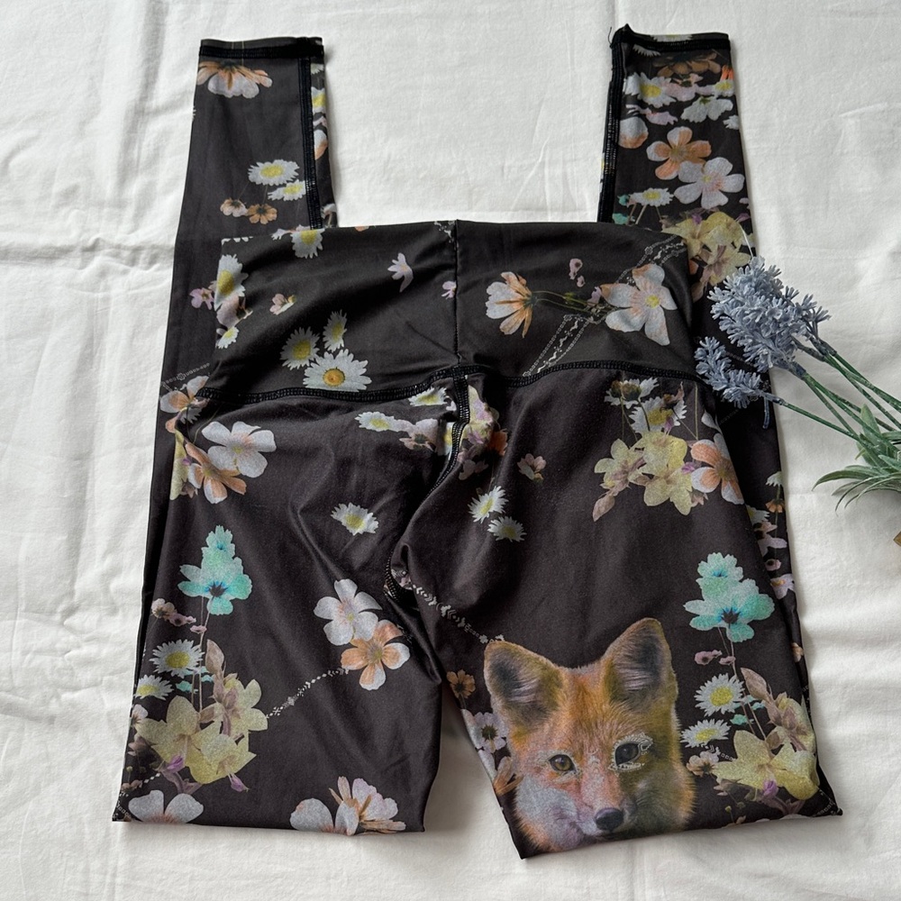 teeki Black Floral Leggings with Fox Print